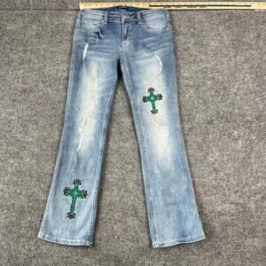 Flamingo Jeans Womens Size M Blue Bootcut Distressed Cross Patch Stretch Denim
